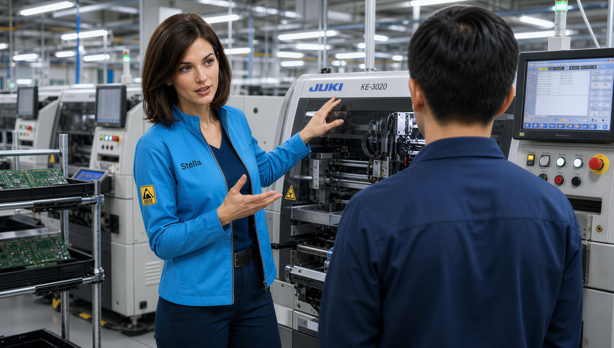Stella on the floor, talking through a finding with an engineer at the line.
